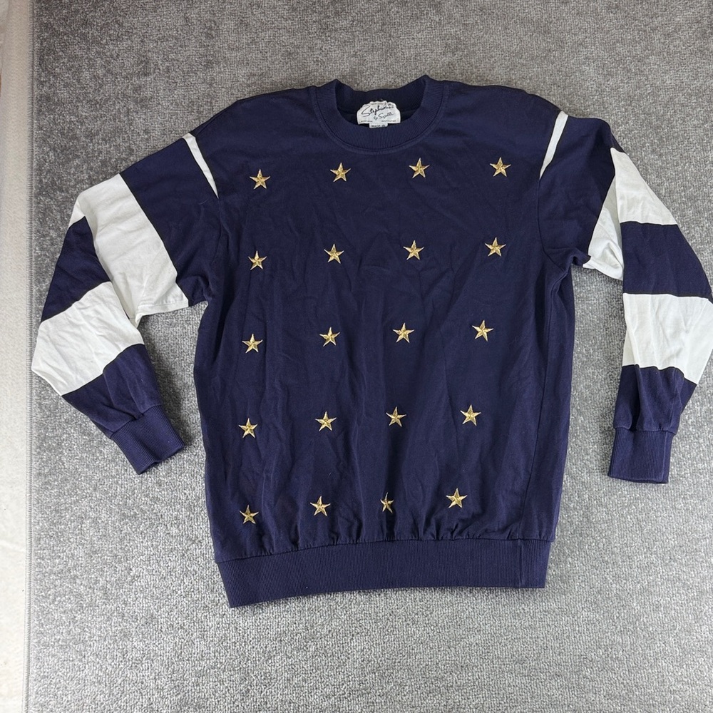 Stephanie By Suzelle Long Sleeve Sweater Stars Womens M Blue White Striped
